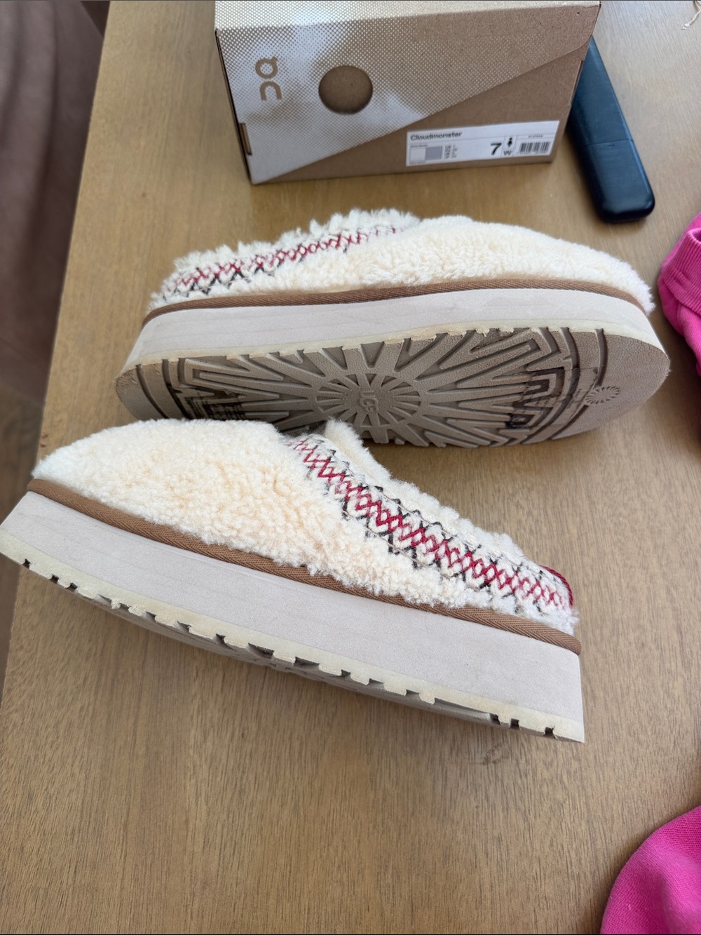UGG Cream Sherpa Slip-On Platform Slippers with Red Stitching - Picture 3 of 4